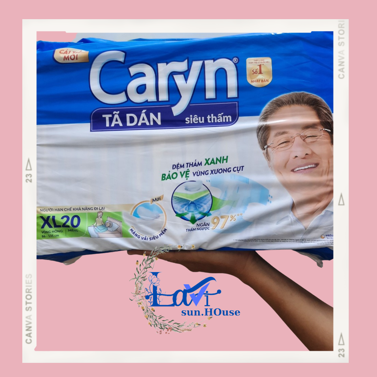 Tả dán caryn size XL 20 miếng vòng hông 88-135cm, Tả người lớn siêu thấm chống trào 4 chiều dành cho người già