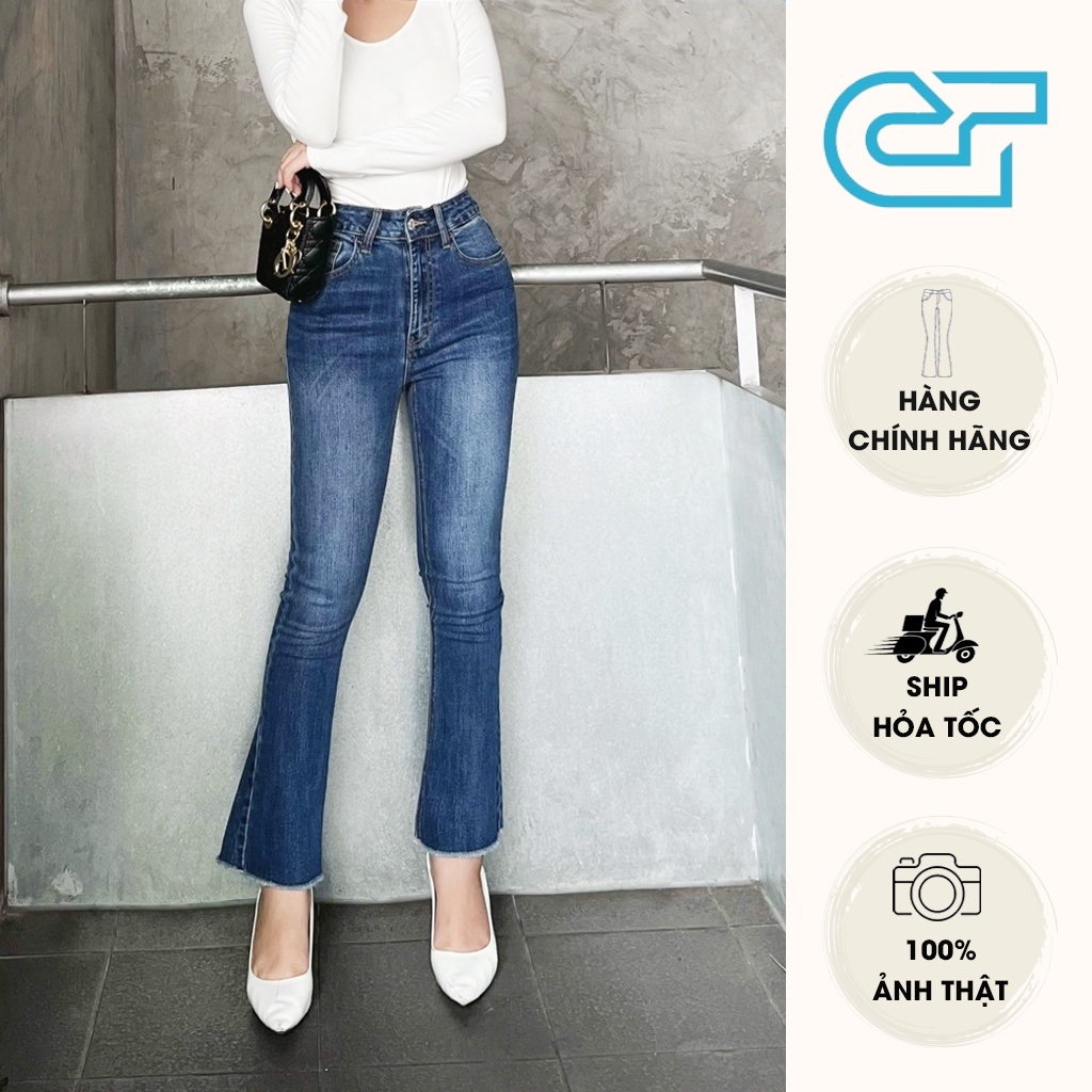 Quần jean ống loe trơn tua chất vải co dãn 4 chiều 2 màu đen trắng cp31, ct jeans