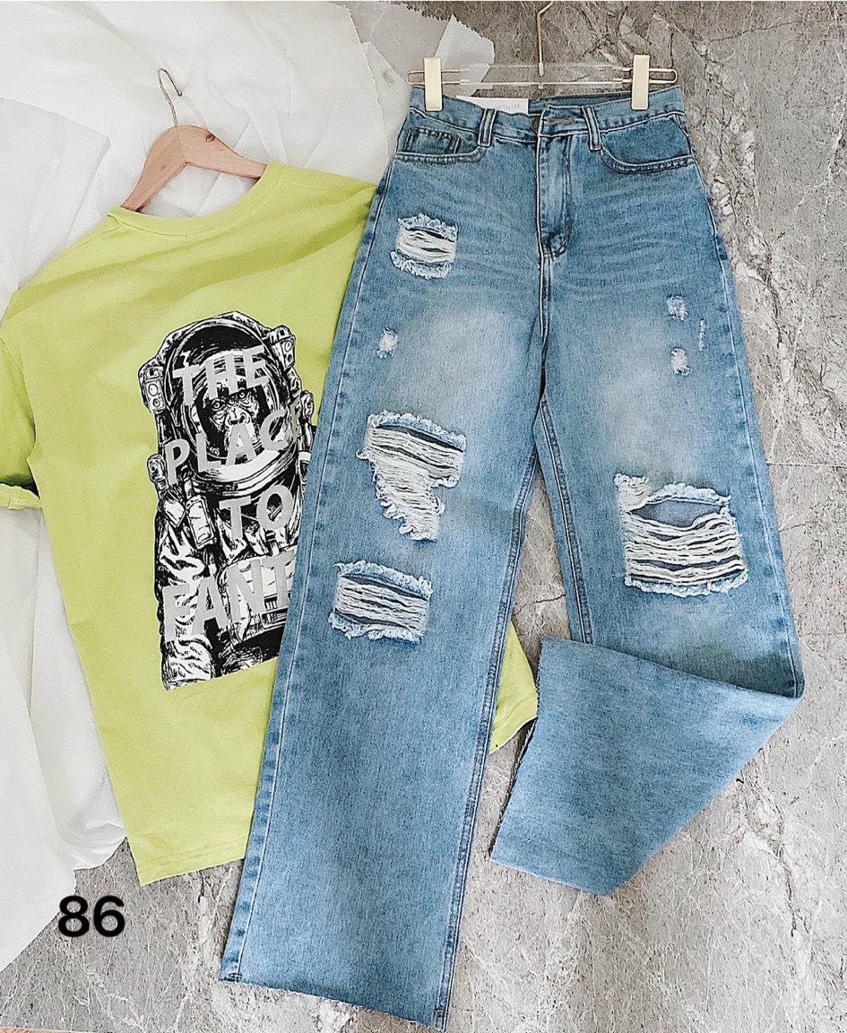 Quần Baggy jean Nữ Ống rộng Size Đại rách Siêu Chất-JT