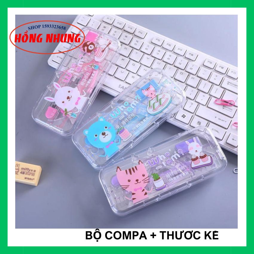 Bộ eke compa 7 chi tiết, hộp nhựa cao cấp, bộ độ dùng học sinh dễ thương.