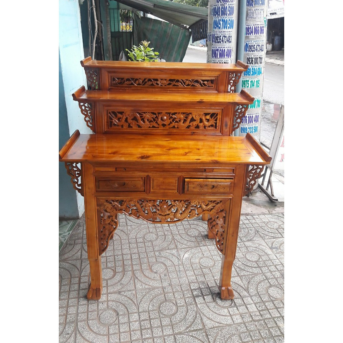 Bàn thờ gỗ 3 tầng - bàn thờ tam cấp, bàn thờ gia tiên gỗ tràm 3 tầng bông vàng