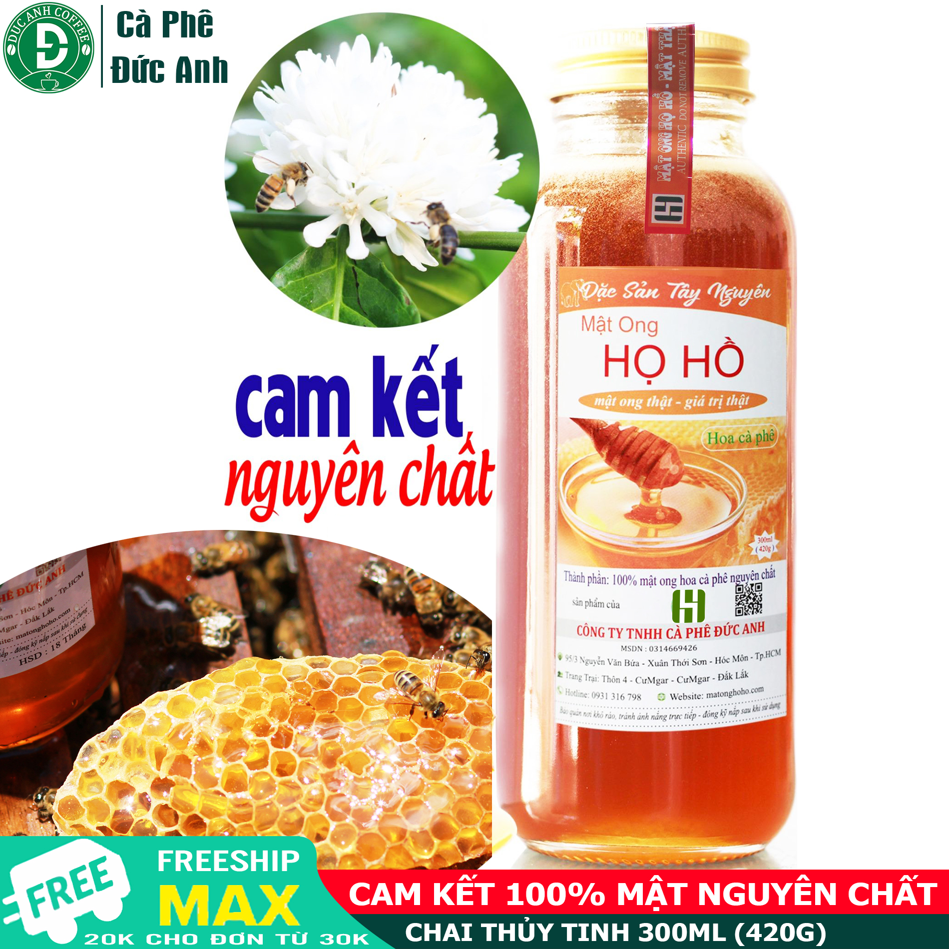 Chai mật ong nguyên chất rừng hoa cà phê - Chai thủy tinh 300ml tương đương 420gr - Mật ong HỌ HỒ thuộc công ty cà phê ĐỨC ANH - Flash sale