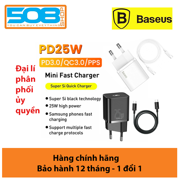 [HCM]Bộ củ cáp sạc nhanh Baseus Si 25W Mini USB C cho Samsung IP12 hỗ trợ sạc nhanh QC3.0 PD(kèm cáp C to C)