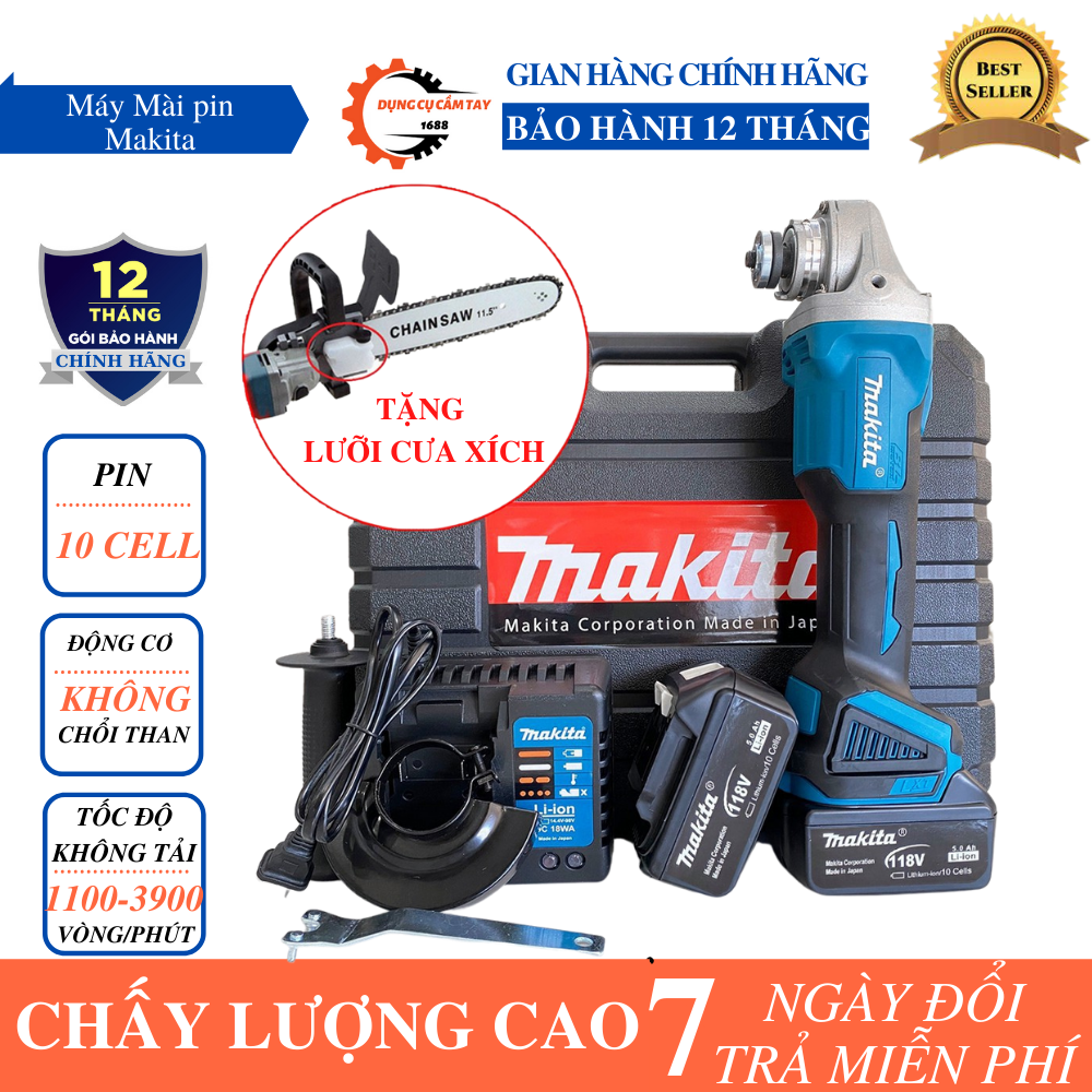 Máy cắt cầm tay makita 118V - Máy mài pin không chổi than tặng kèm bộ lưỡi cưa xích cao cấp.