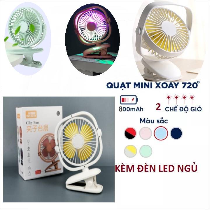 [HOT 2021] Quạt tích điện kẹp bàn Clip Fan 2 tốc độ kèm đèn ngủ xoay 720 độ, quạt mini mùa hè siêu mát pin 800Ma