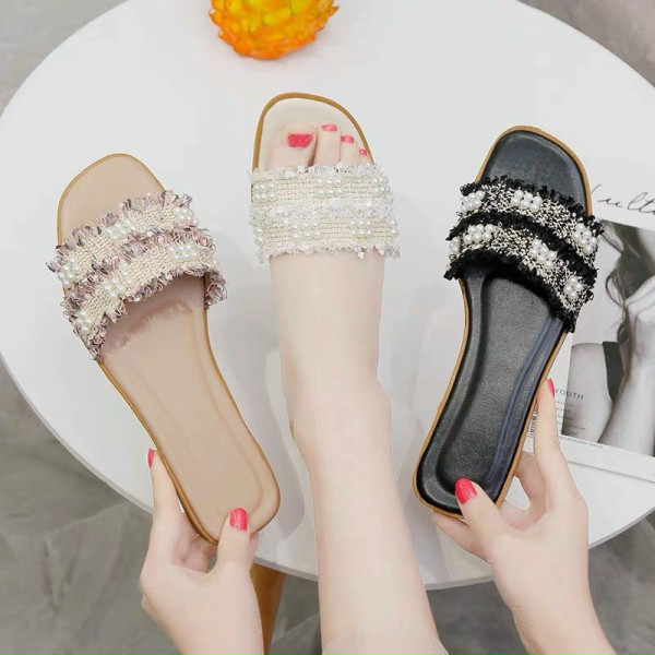 [Hoàn tiền 15%] Dép Nữ Thời Trang Dép quai ngang nữ đính hạt ngọc trai dễ thương ,YOYO SHOP