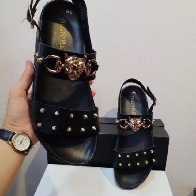 dép sandal nam quai da mờ tán đinh vàng logo hổ