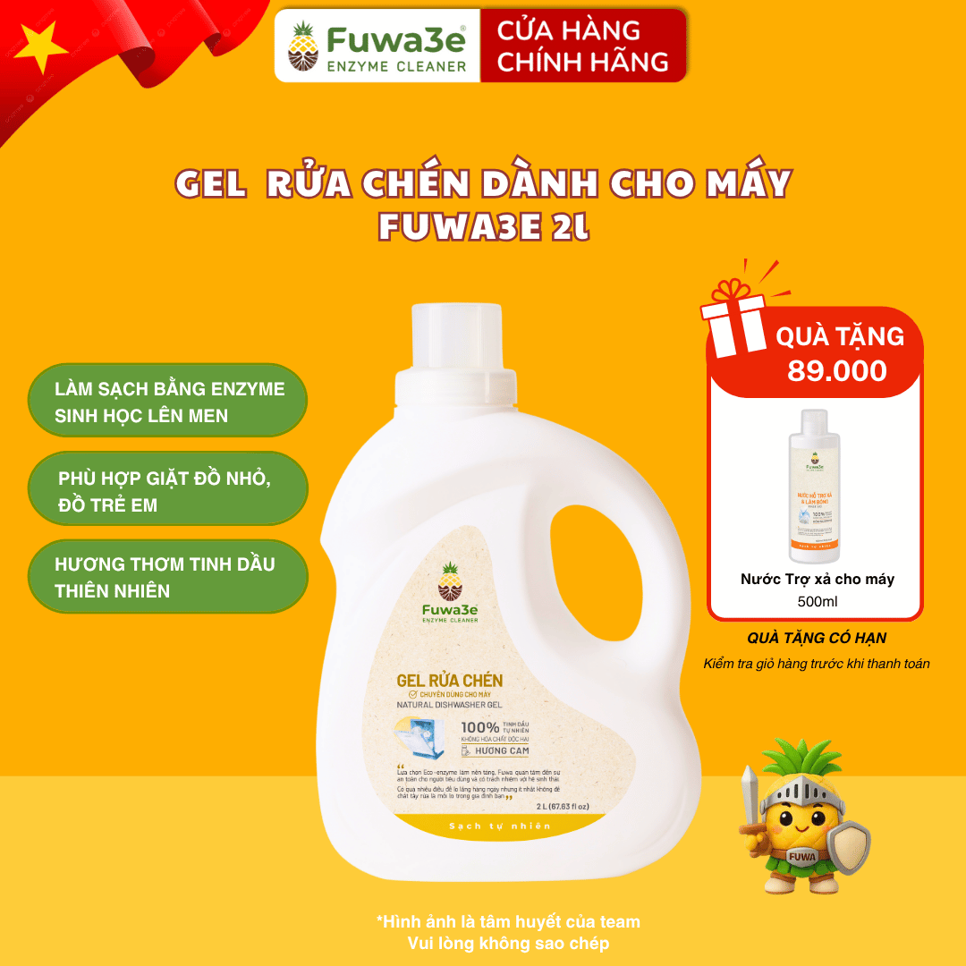Gel rửa chén hữu cơ FUWA3E enzyme dứa dành cho máy 2000ml 500ml – bảo vệ máy làm mềm nước cứng