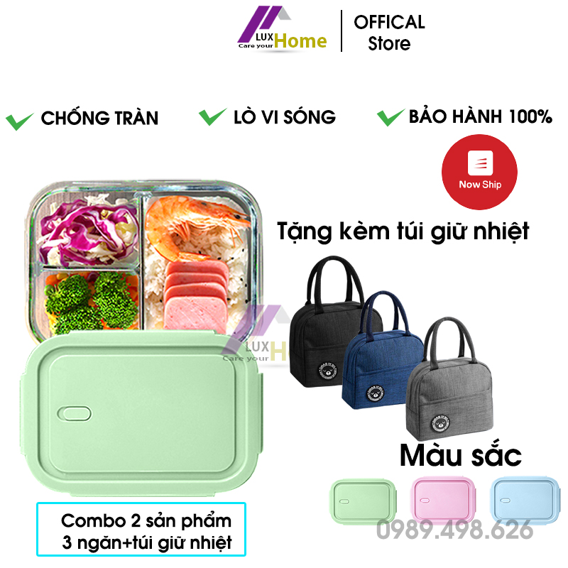 Hộp cơm thủy tinh 3 ngăn tặng kèm túi giữ nhiệt Luxhome