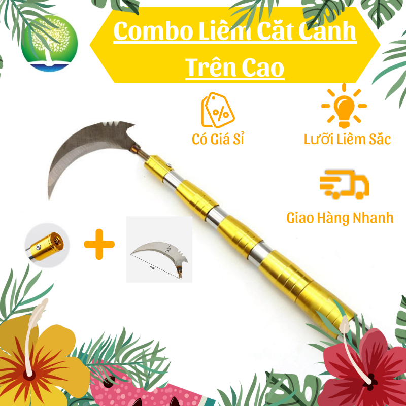 Sào Gậy 3-7M Inox Rút Gọn Siêu Bền Kèm Liềm Cắt Cành Cây Trên Cao, Cắt Cỏ Bắt Cá Bán Nguyệt Dài 12.5Cm