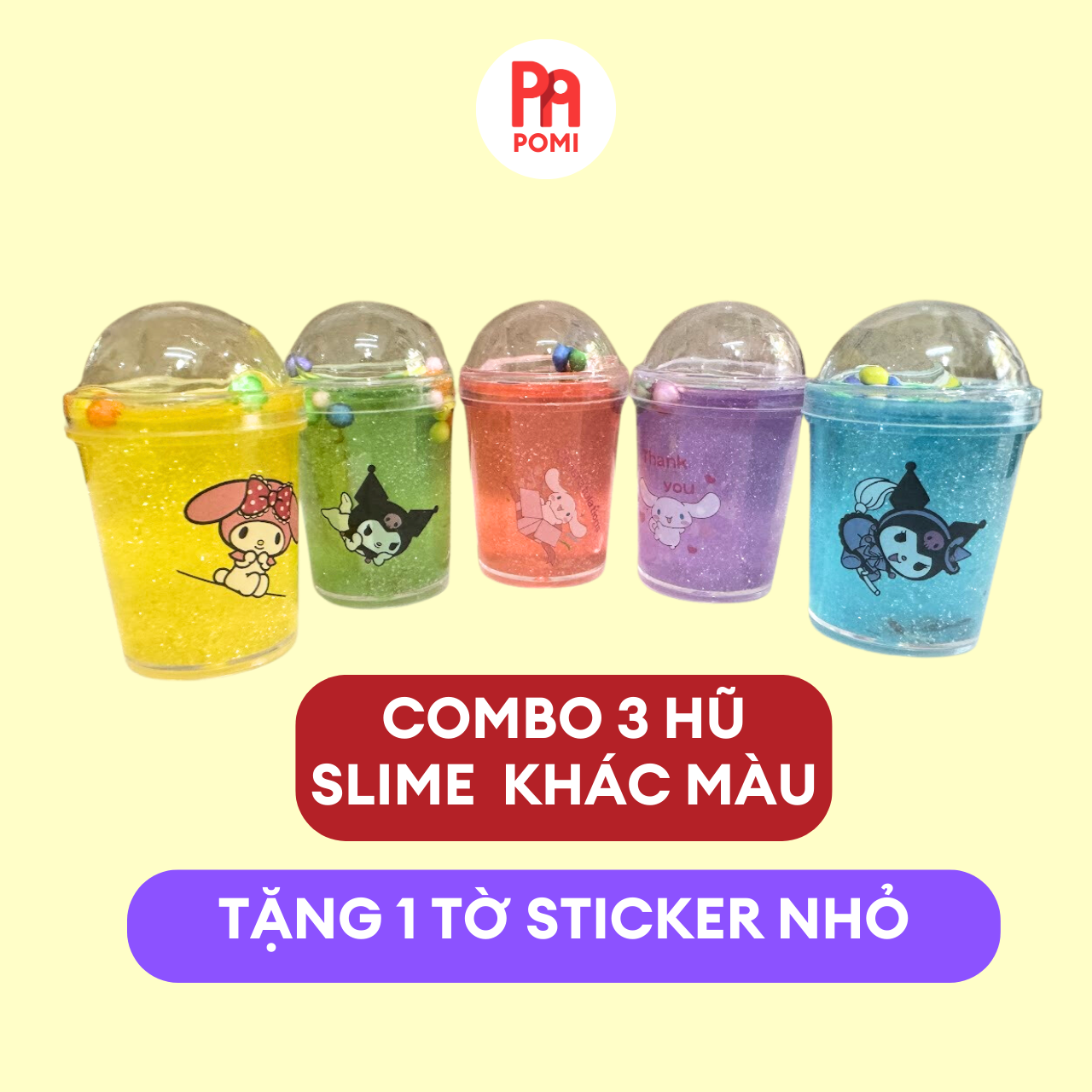 Combo 3 hũ slime Kuromi nhiều màu tặng sticker - Đồ chơi chất nhờn ma quái clear slime - POMI