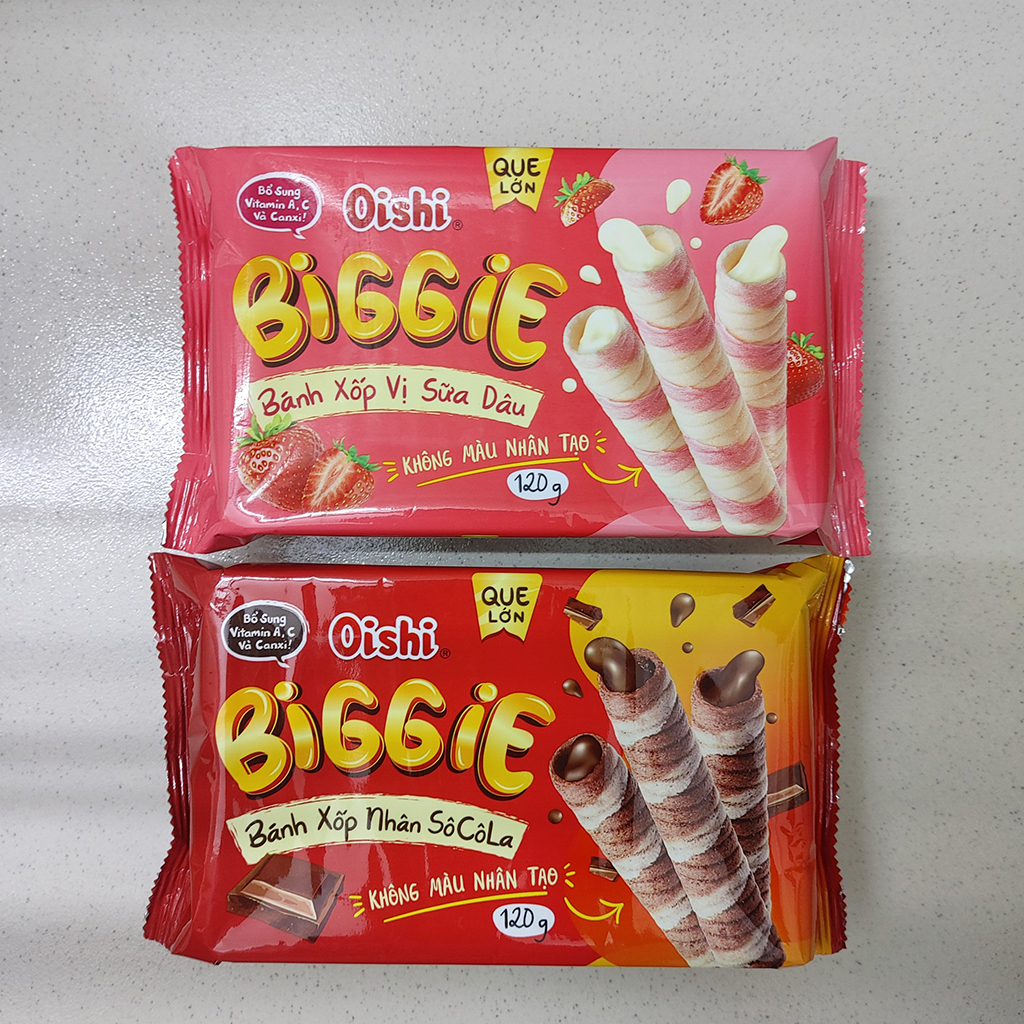 Bánh xốp nhân socola , bánh xốp vị sữa dâu , bánh que xốp đồ ăn vặt Oishi Biggie