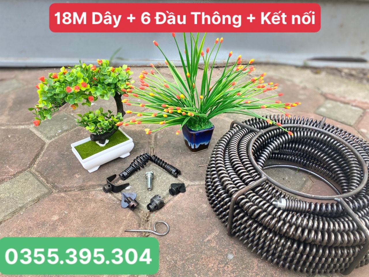 Dây thông tắc cống lò xo dùng máy khoan dài 18m + 6 đầu thông + kết nối máy khoan