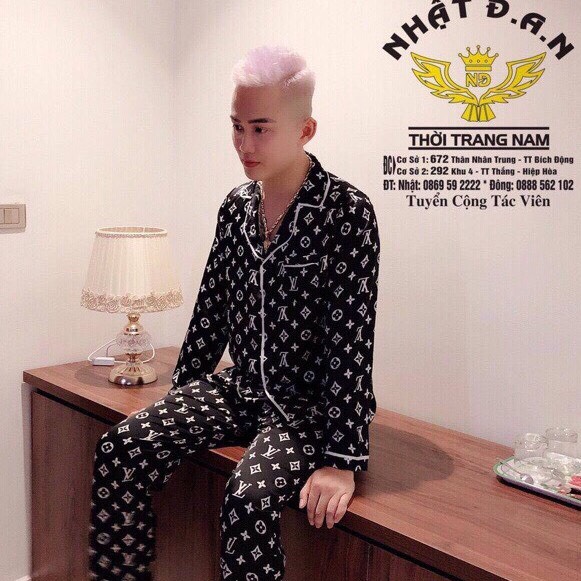 Bộ pizama mặc nhà cho nam và nữ có đủ size  họa tiết GG tay dài quần dài