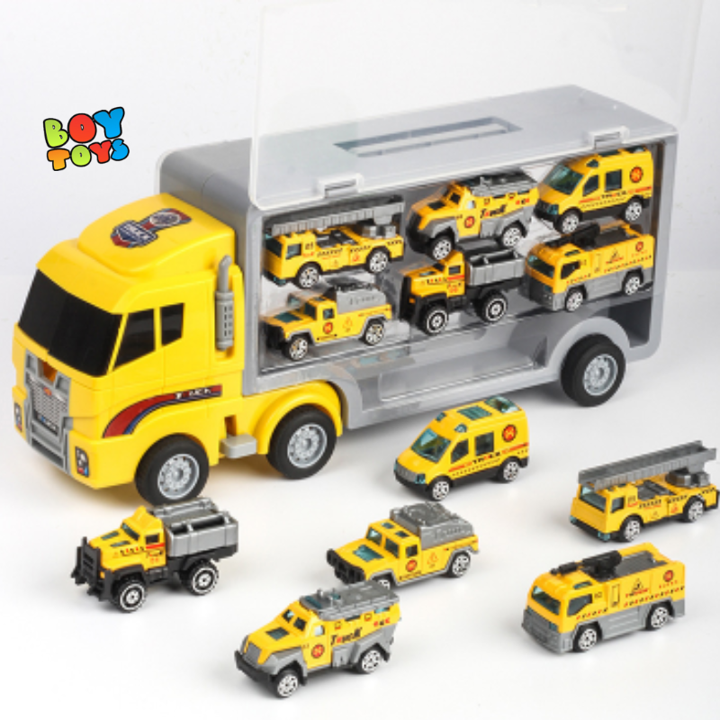 Đồ chơi xe container vận chuyển xe ô tô và trực thăng, hộp đồ chơi đầy đủ 6 chiếc xe hợp kim