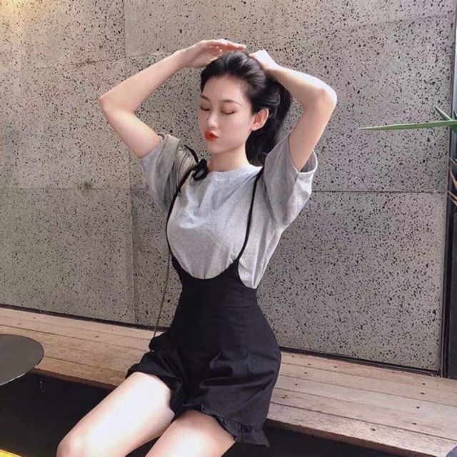 Set bộ 2 món áo thun nữ kèm quần yếm đùi buộc dây nhún bèo