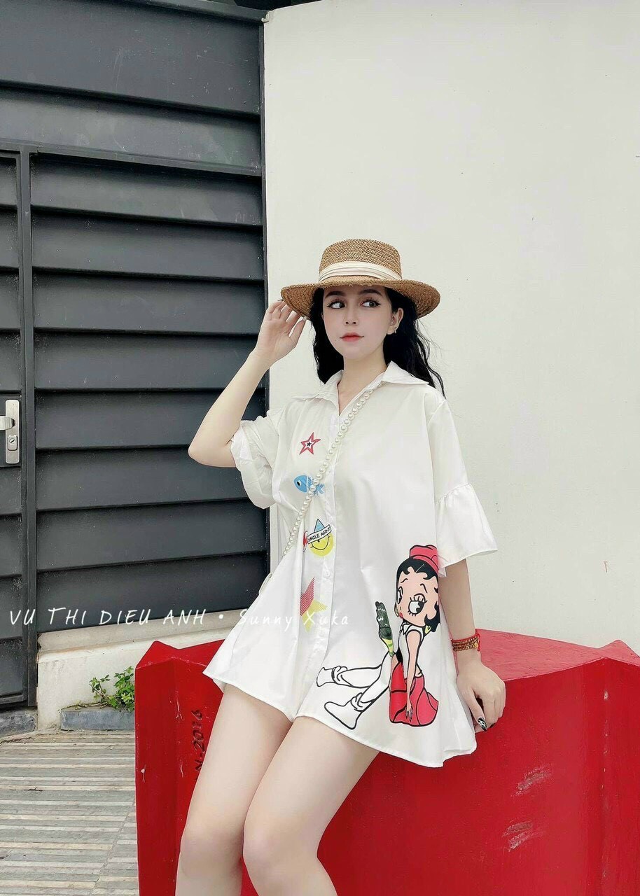 Đầm suông in hình mùa hè cổ sơ mi tay loe