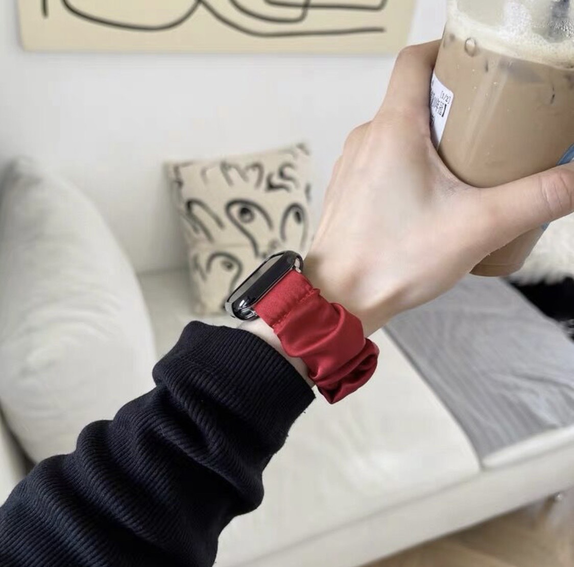 Combo Dây đồng hồ apple watch + Scrunchies lụa satin cao cấp màu đỏ đô