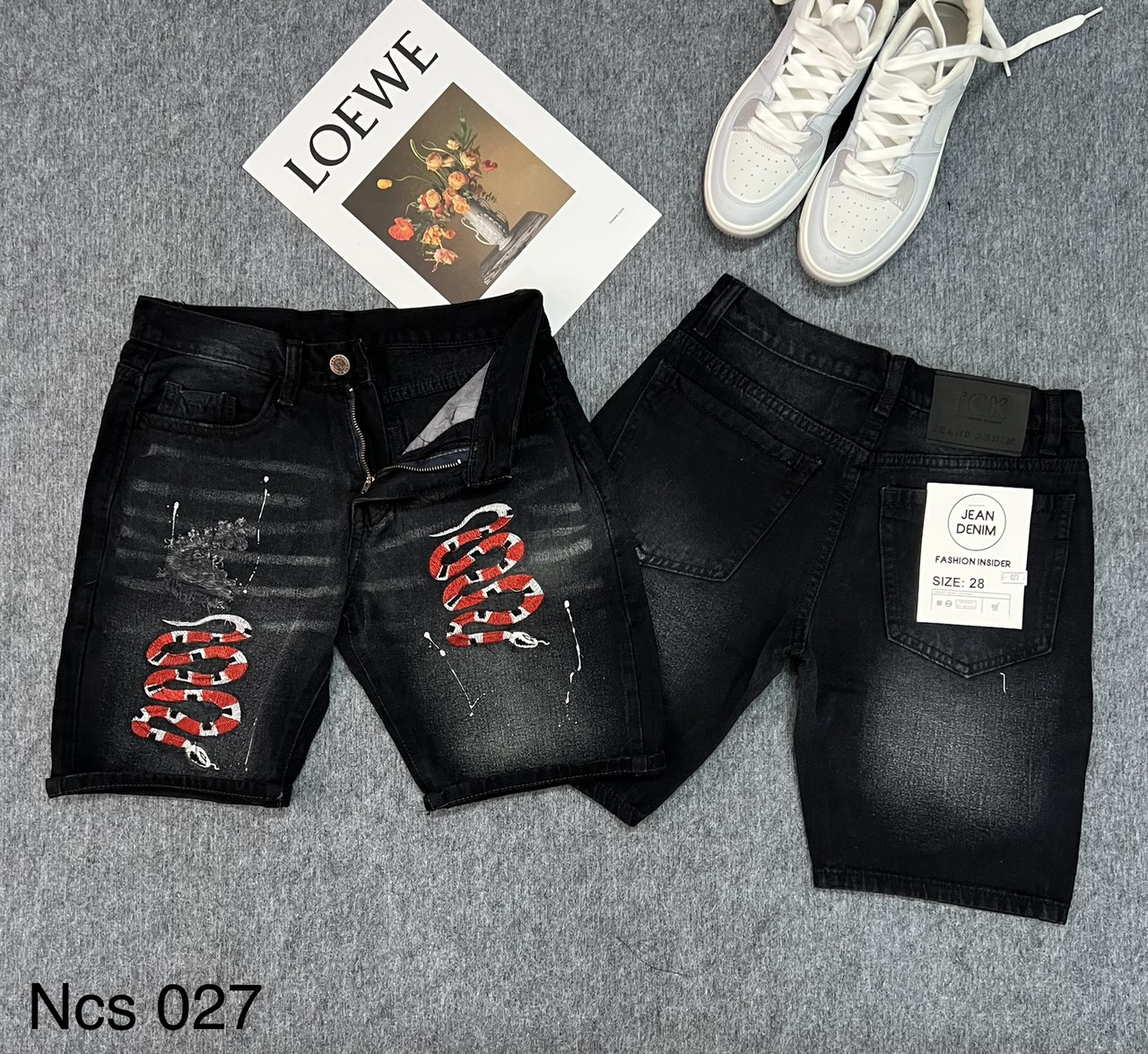 Quần short jean nam, quần short nam chất bò đen thêu họa tiết size 28-32