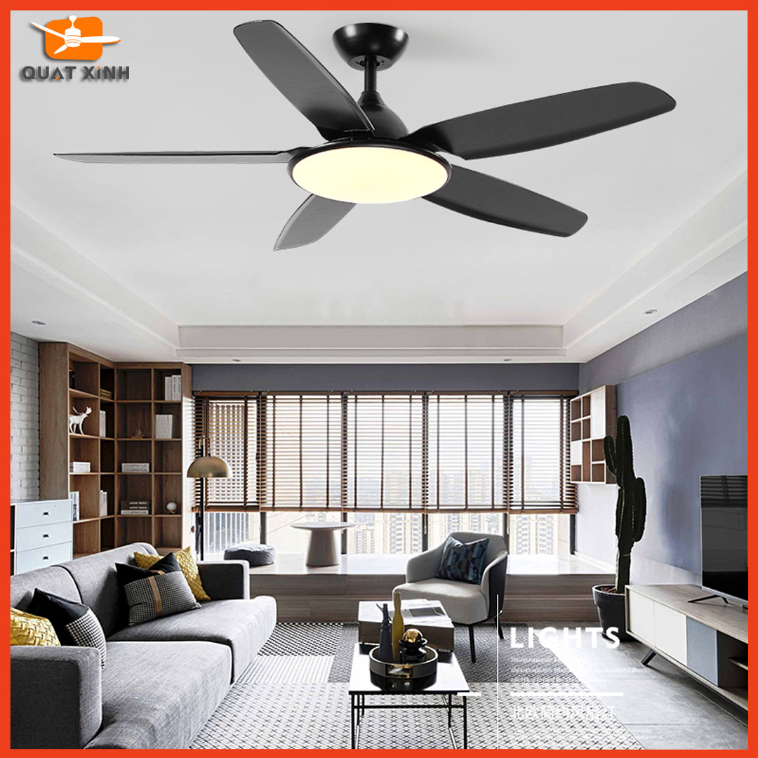 Quạt Trần Đèn Lưu Lượng Gió Lớn QX1322D - Quạt trần đèn trần chung cư, phòng khách [Động cơ DC, 5 Cánh Nhựa ABS Đen]