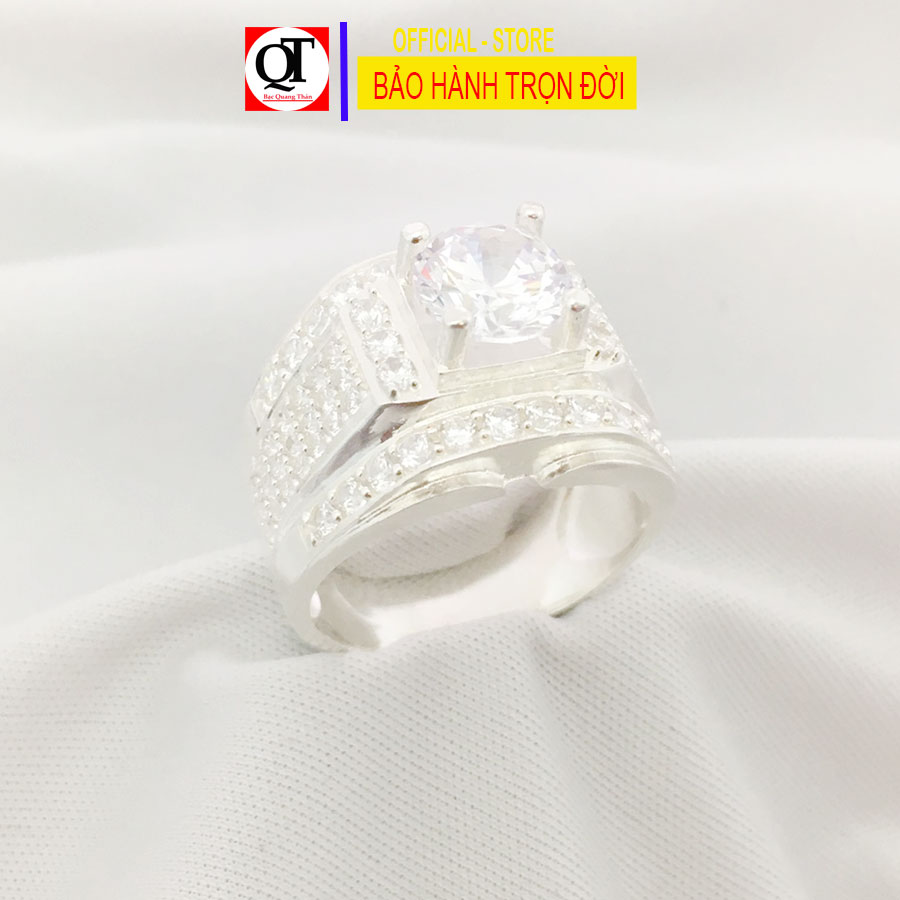 Nhẫn nam bạc ta ổ cao đính đá kim cương nhân tạo 7ly trang sức Bạc Quang Thản  – QTNA5