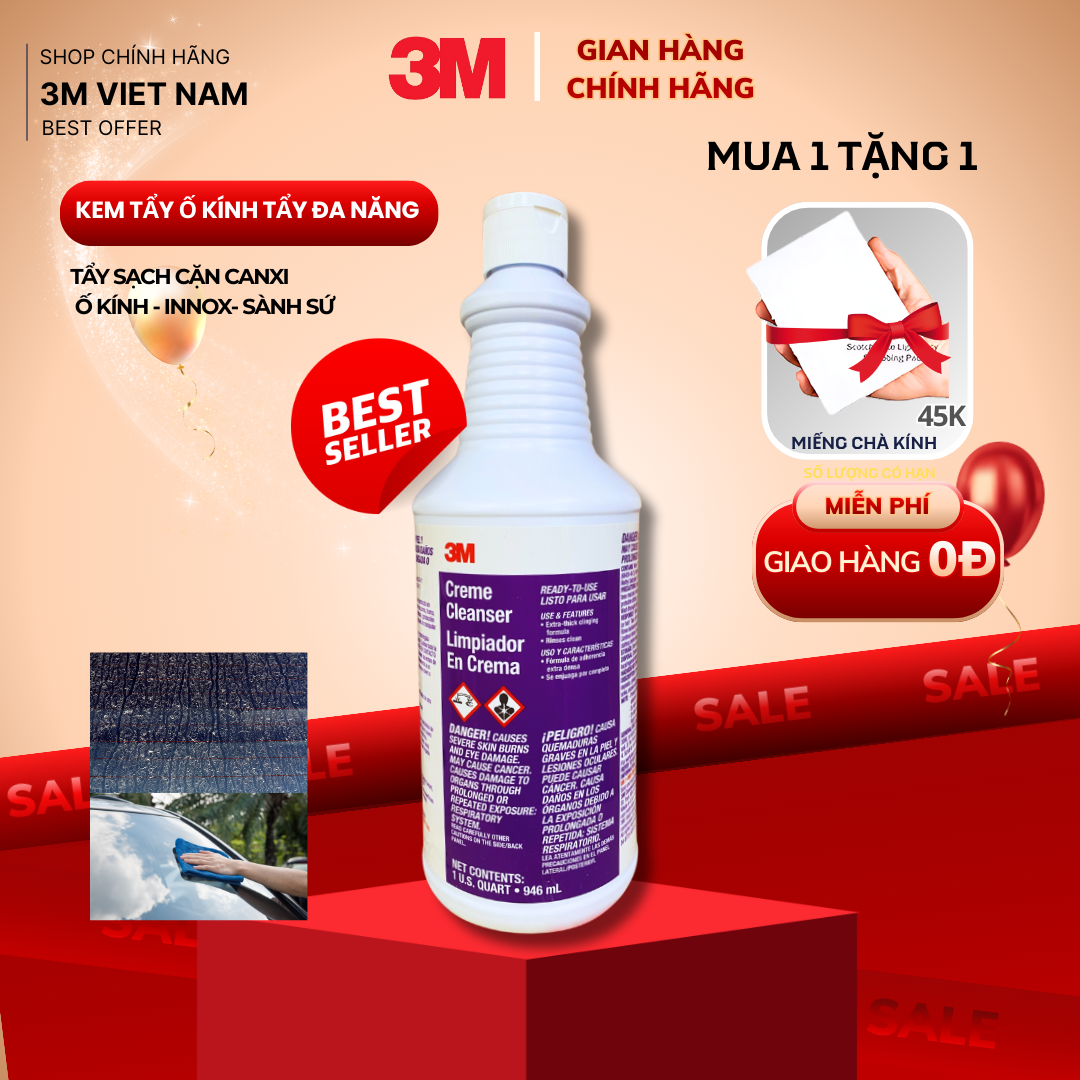 [ Tặng kèm miếng chà chống xước]  Kem Tẩy Ố, cặn Canxi, Mốc Kính Xe Hơi 3M™- Tẩy sạch  inox, thép, các vật dụng nhà tắm Creme Cleanser Limpiador EnCrema  946ml