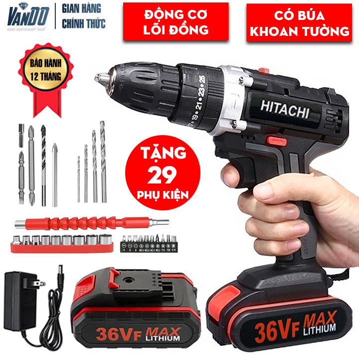Máy khoan pin hitachi 36v có búa, 3 chức năng khoan, khoan pin bắt vít kèm bộ phụ kiện 24 món, hàng chất lượng cao