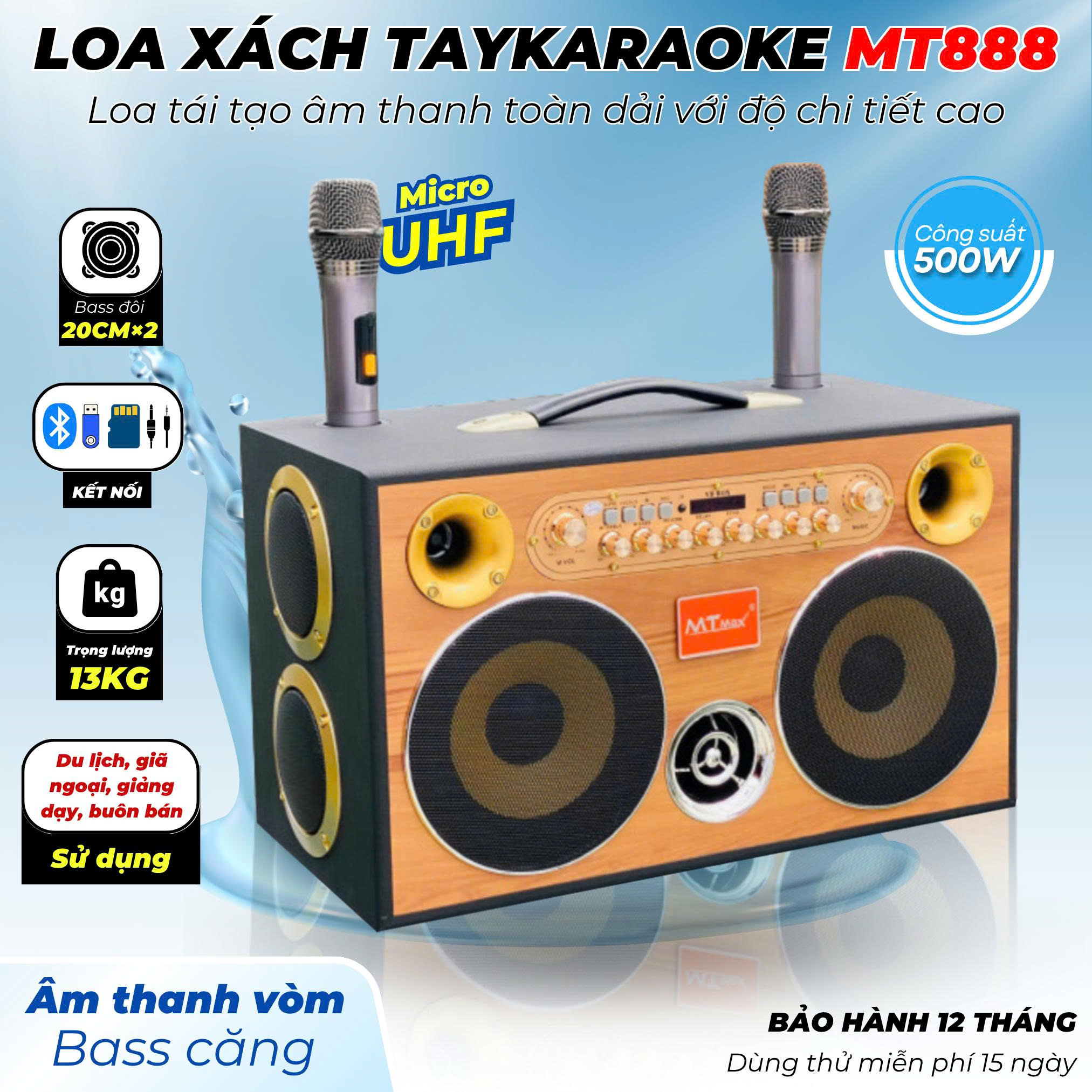 [ƯU ĐÃI GIÁ TỐT] Loa Xách Tay MT888 Hệ Thống 8 Loa Âm Thanh Đa Chiều Bass20 Đôi Công Suất 500W Bass Căng Ấm, Tiếng Lên Siêu Rõ Đi Kèm Cặp Micro Hát Nhẹ Vang Sâu