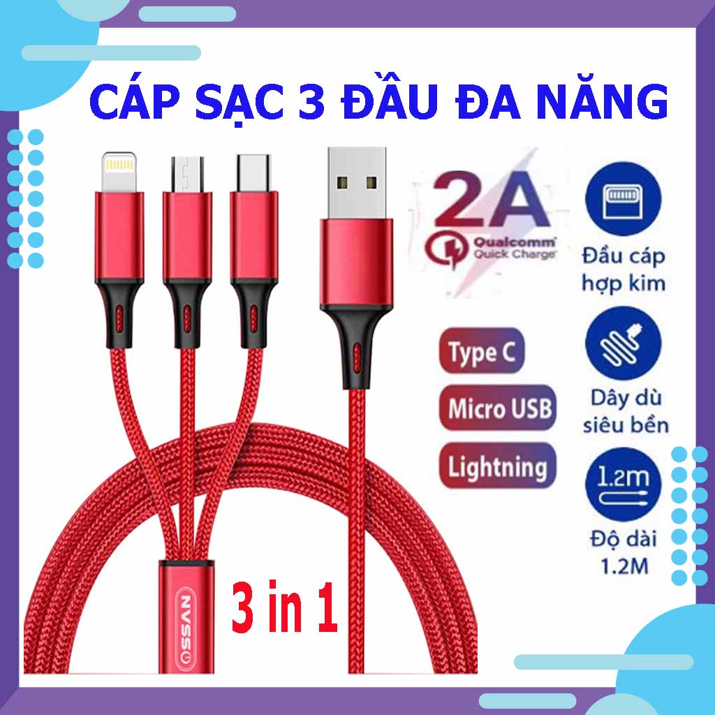 Dây cáp sạc đa năng | dây dù , dài 1.2m | 3 đầu micro usb / type c / lightning