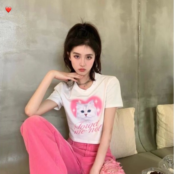 Áo croptop họa tiết mèo trắng cute phối chữ chất borip siêu đẹp HP