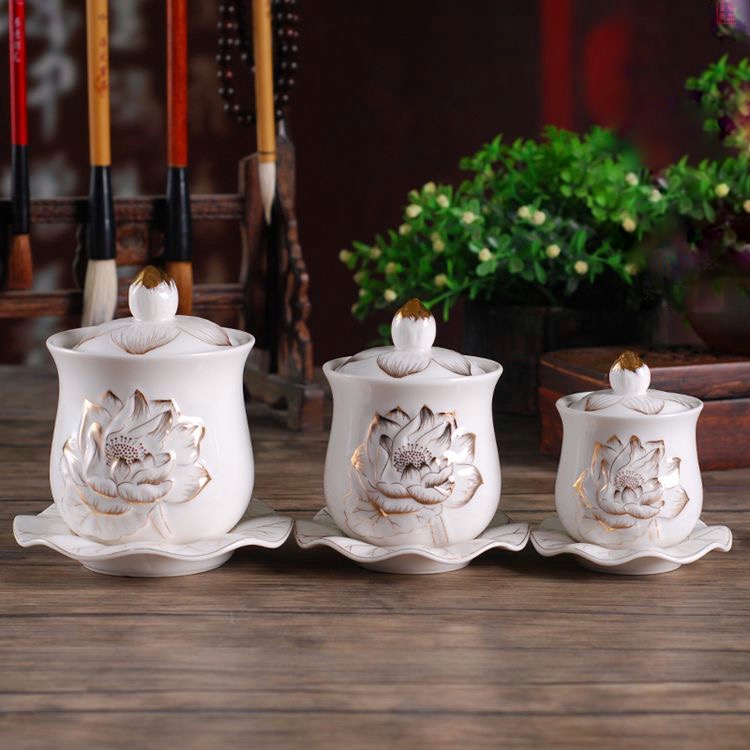 Chung nước bạch ngọc có nắp thờ cúng gia tiên, chum có nắp thờ thần tài thổ địa bạch ngọc sứ trắng cao cấp