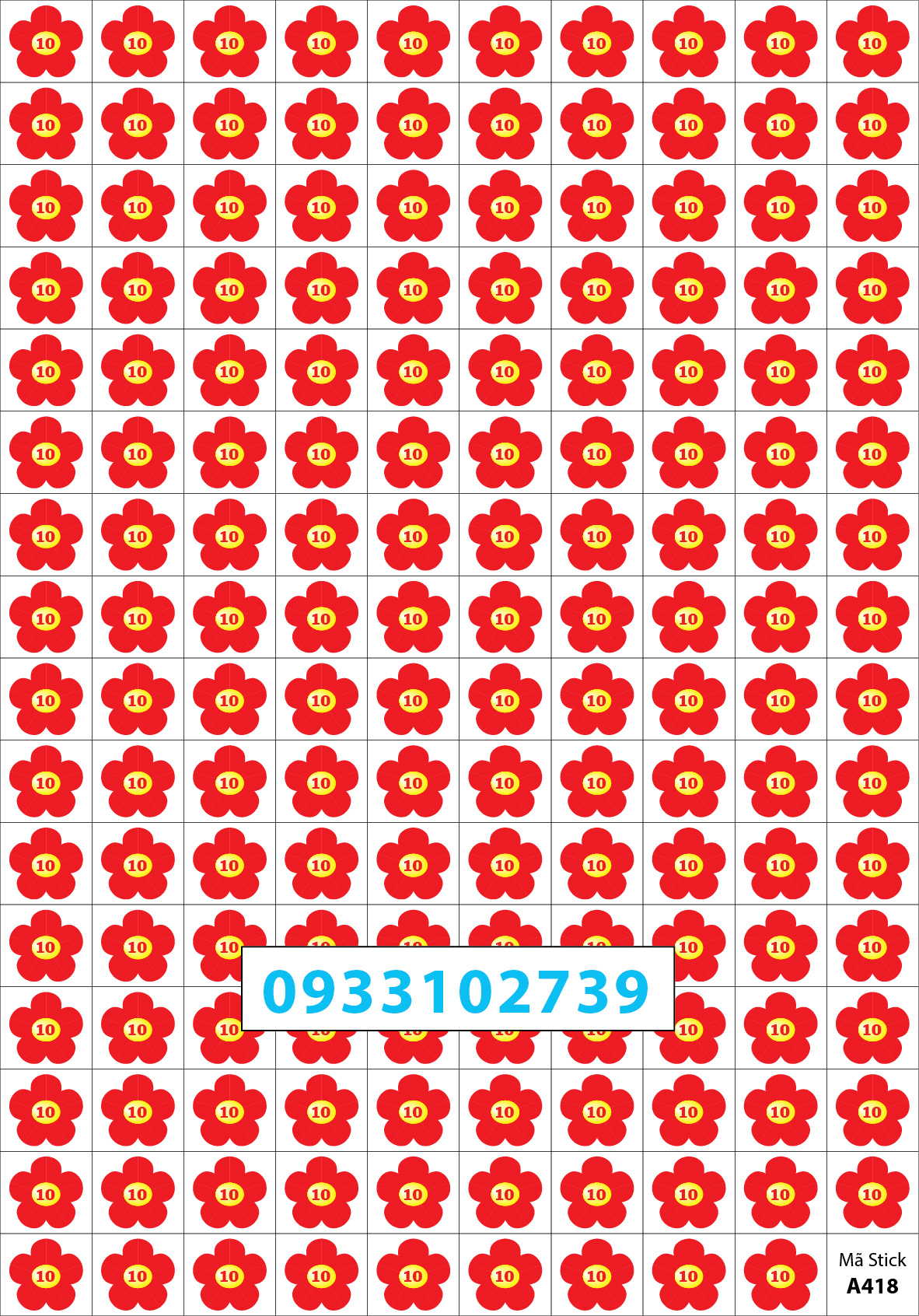 10 tờ sticker khen thưởng hoa điểm 10 60k - 159 stick/ tờ - mã a418