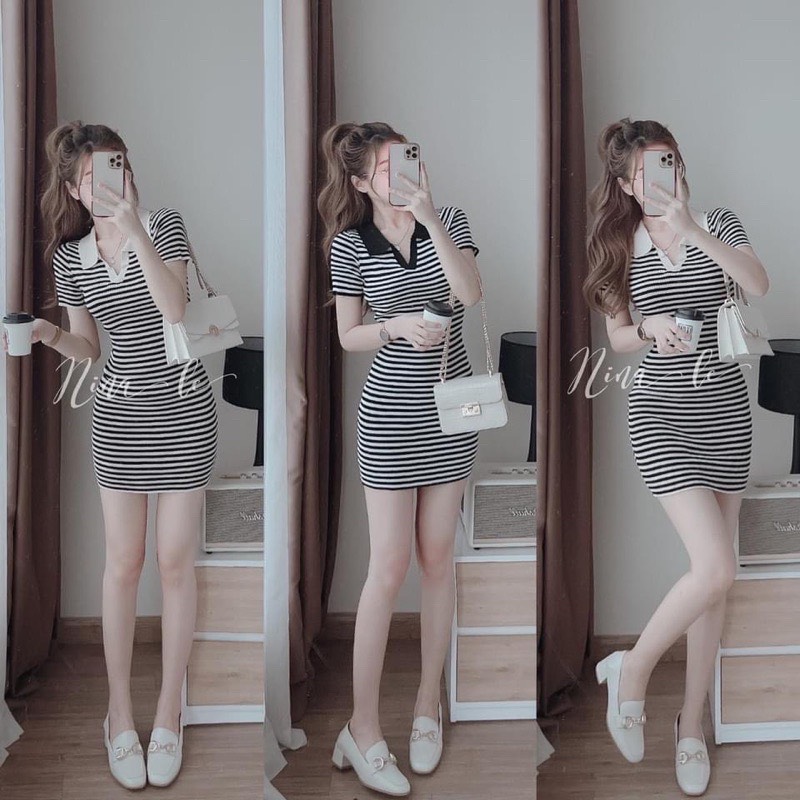 Đầm ôm body sọc ngang ảnh thật kèm clip sv0 / đầm sọc cổ sơ mi ôm body cực đẹp