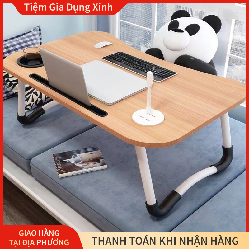 Bàn học, làm việc gấp gọn đa năng, bàn để giường có khe cắm điện thoại, khay đựng cốc, khe cắm USB thông minh tiện