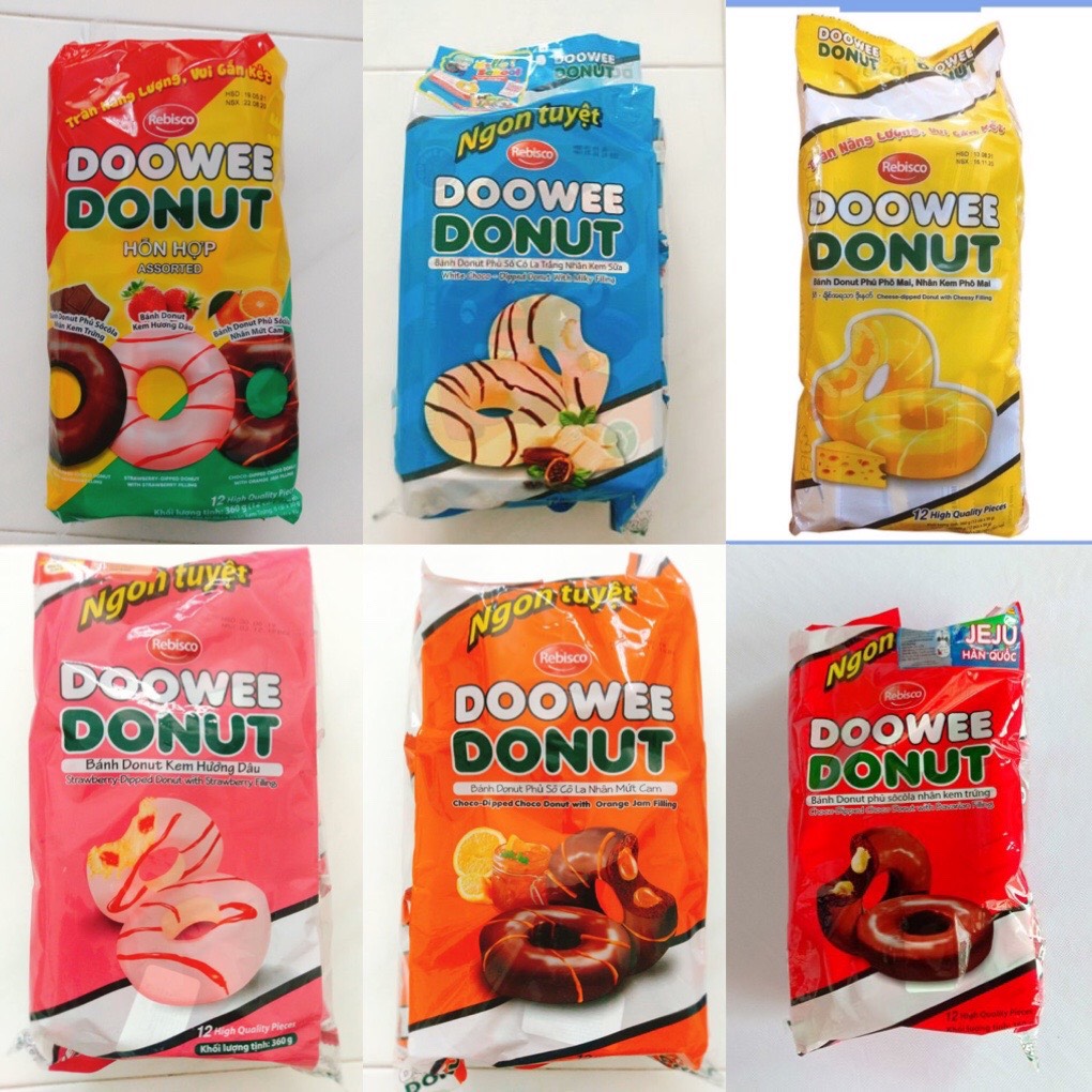 Bịch 12 bánh Donut Doowe 360gr vị dâu, socola, sữa, phô mai, hỗn hợp, socola cam