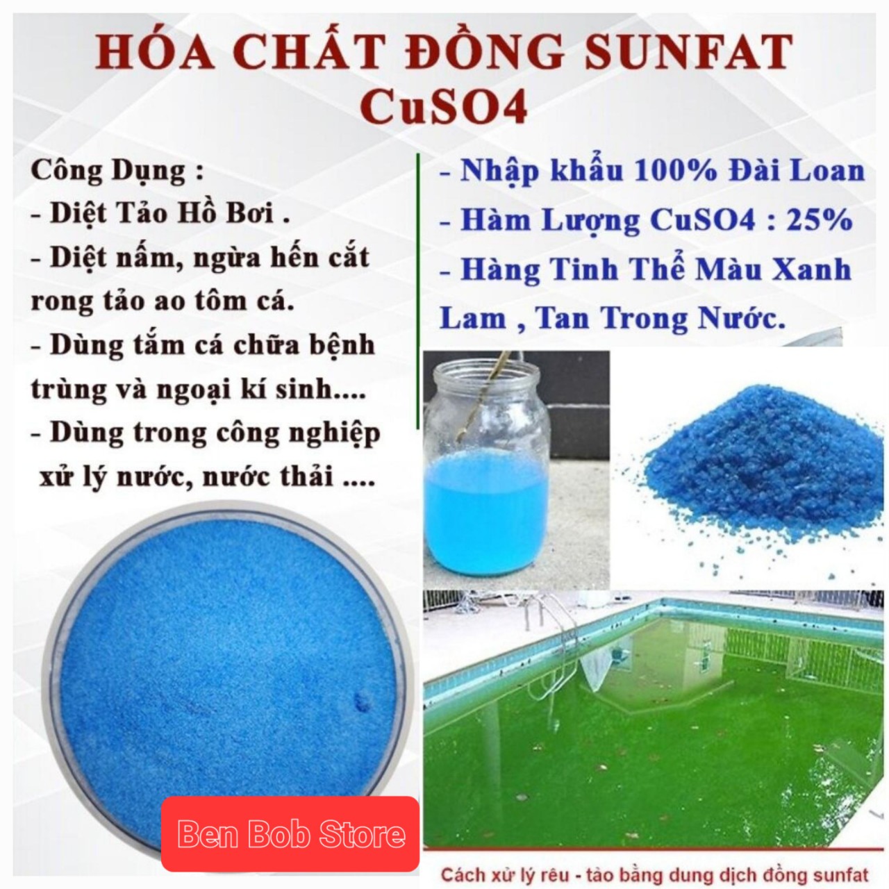 100g đồng sulfate làm tinh thể , tạo màu xanh nước hồ bơi - ngừa nấm cá, cắt rong rêu