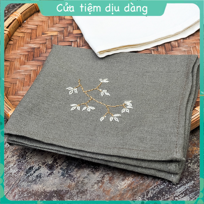 Khăn tay (Khăn mùi xoa) vải linen thêu thủ công - Lá non