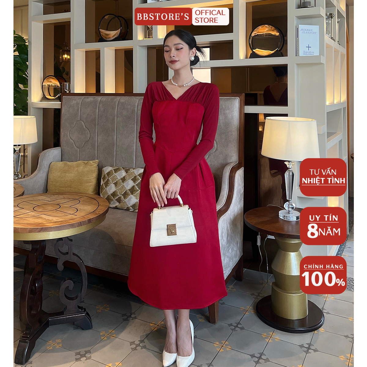 Bbstore's đầm xòe tay dài dự tiệc cổ v siêu xinh -d1608