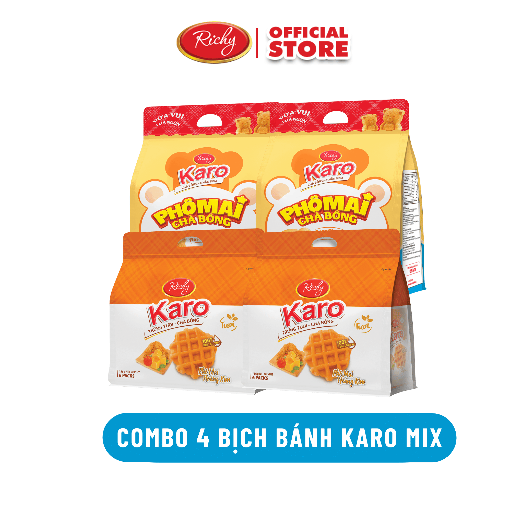   BAO BÌ MỚI  Combo 4 Bịch Bánh Karo Gấu chà bông nhân phô mai mix Karo hoàng kim phô mai Bánh tươi ăn sáng dinh dưỡng ăn vặt  HSD 45 ngày từ NSX - Khách hàng cân nhắc khi mua số lượng lớn - Bánh kẹo Richy 