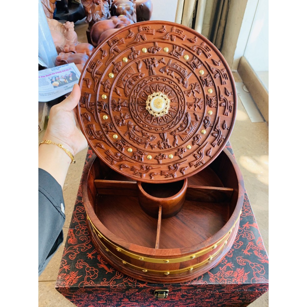 Khay mứt đựng bánh kẹo tết trống đồng đơn sơn gỗ hương cao cấp