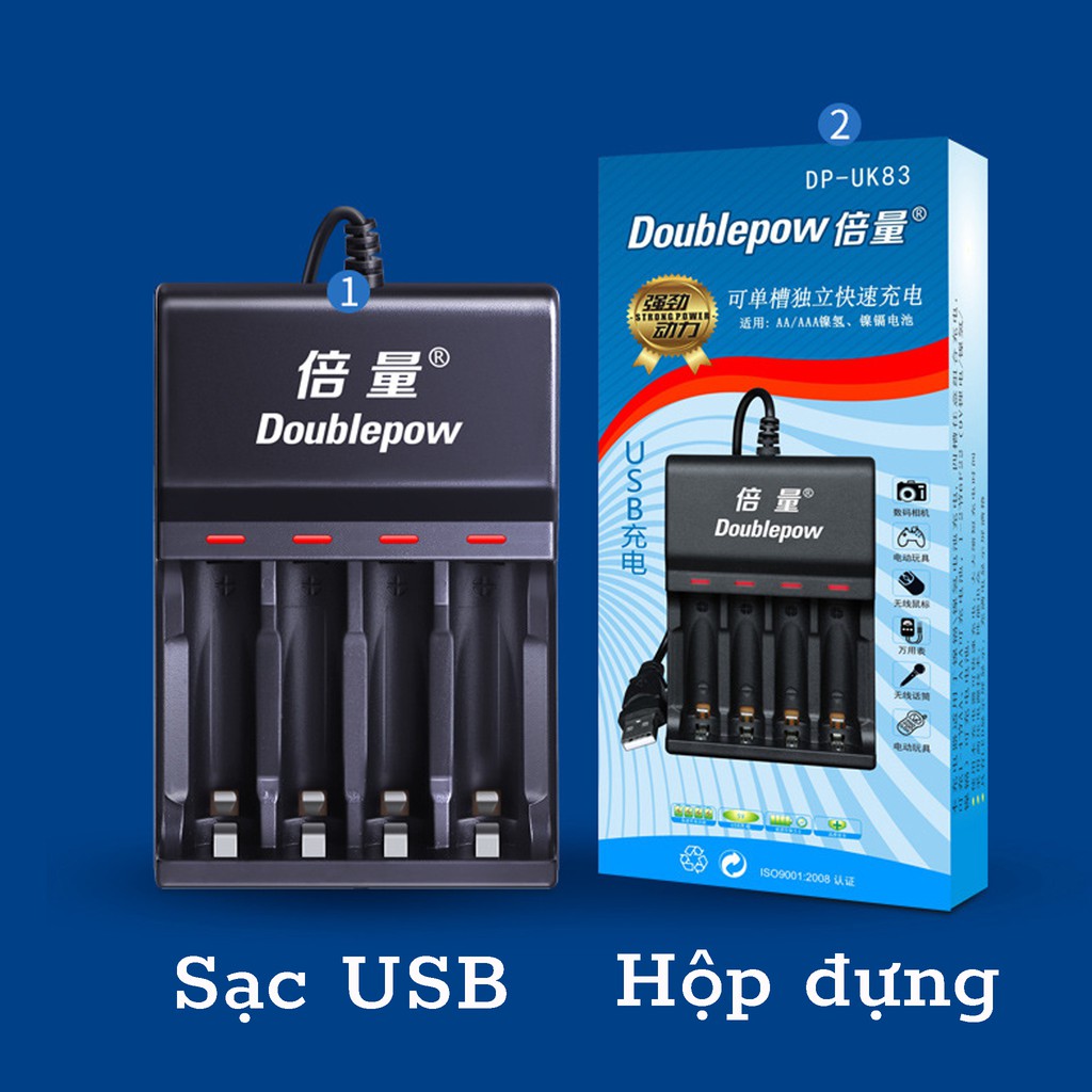 Sạc pin doublepow dp-uk83 tự ngắt, chuyên dụng sạc pin aa/aaa, 4 khe sạc được 4 viên pin aa hoặc aaa hàng chính hãng