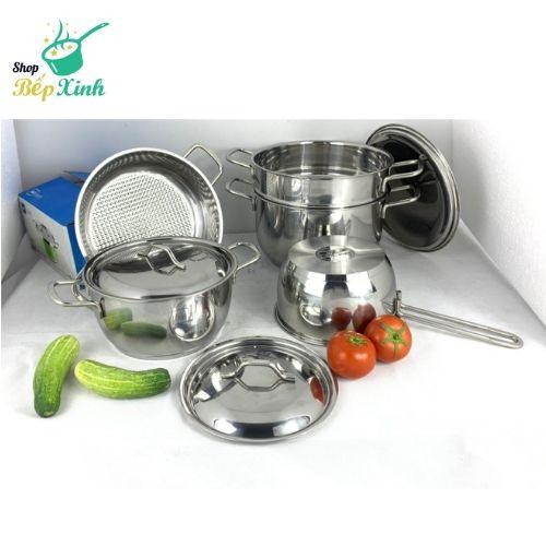 Bộ nồi inox FIVESTAR STANDARD 5 chiếc 3 đáy nắp inox(SW).tặng 2 vá canh - Chất liệu inox 430 Nắp inox không lo bị vỡ,kín, có lỗ thông khí