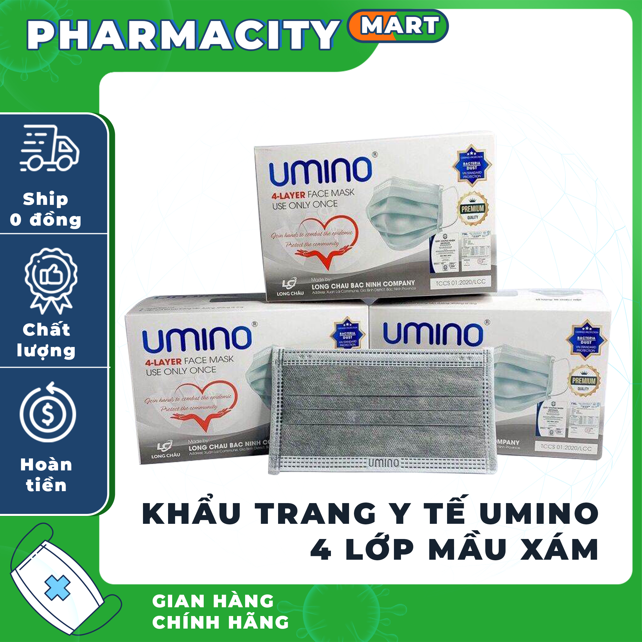 Hộp 50 chiếc mầu xanh- xám- trắng- đen- hồng - khẩu trang 4 lớp umino