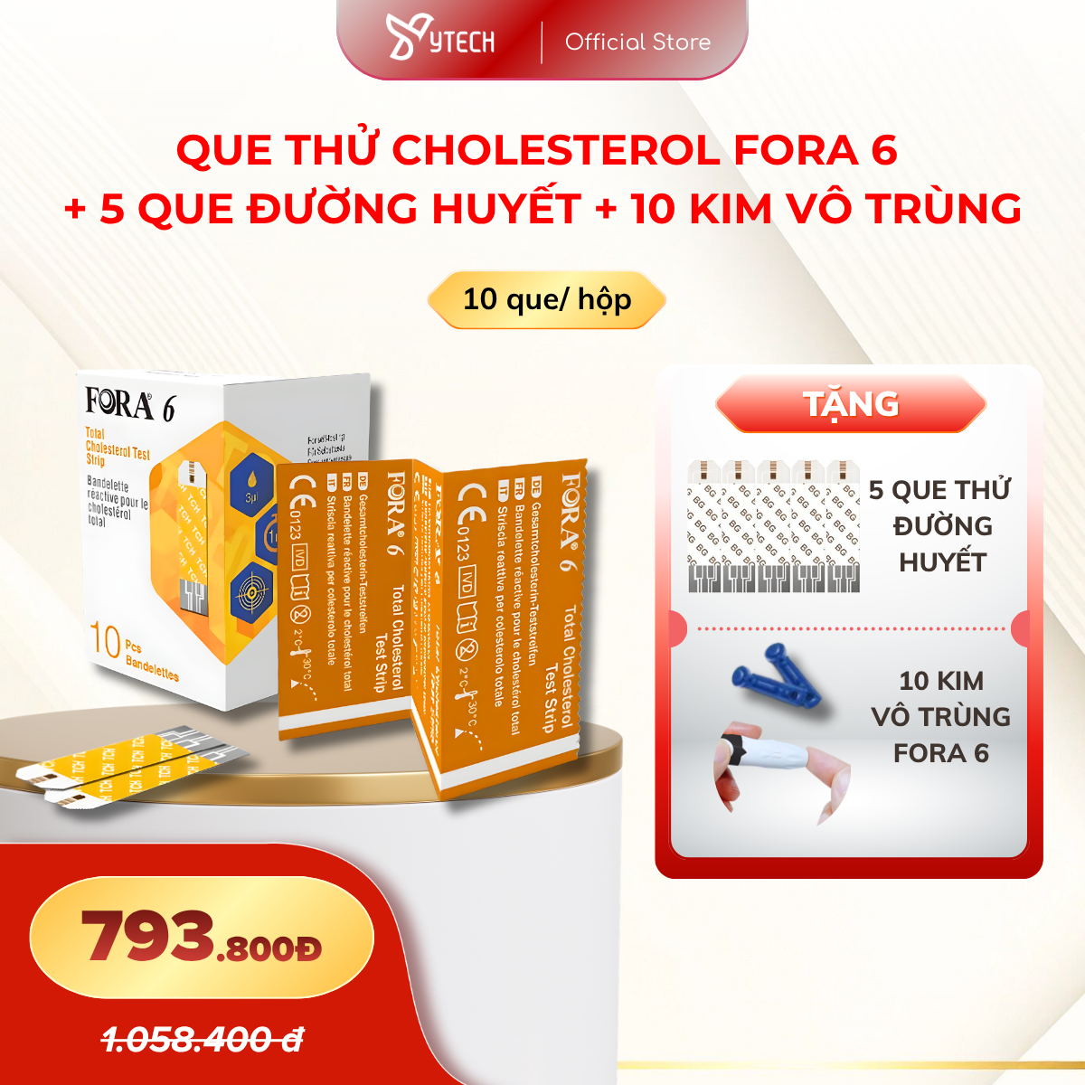 [YTECH] Que Thử Mỡ Máu Cholesterol FORA 6 (Hộp 10 Que) Tặng 5 Que Thử Đường Huyết + 10 Kim Vô Trùng Fora 6