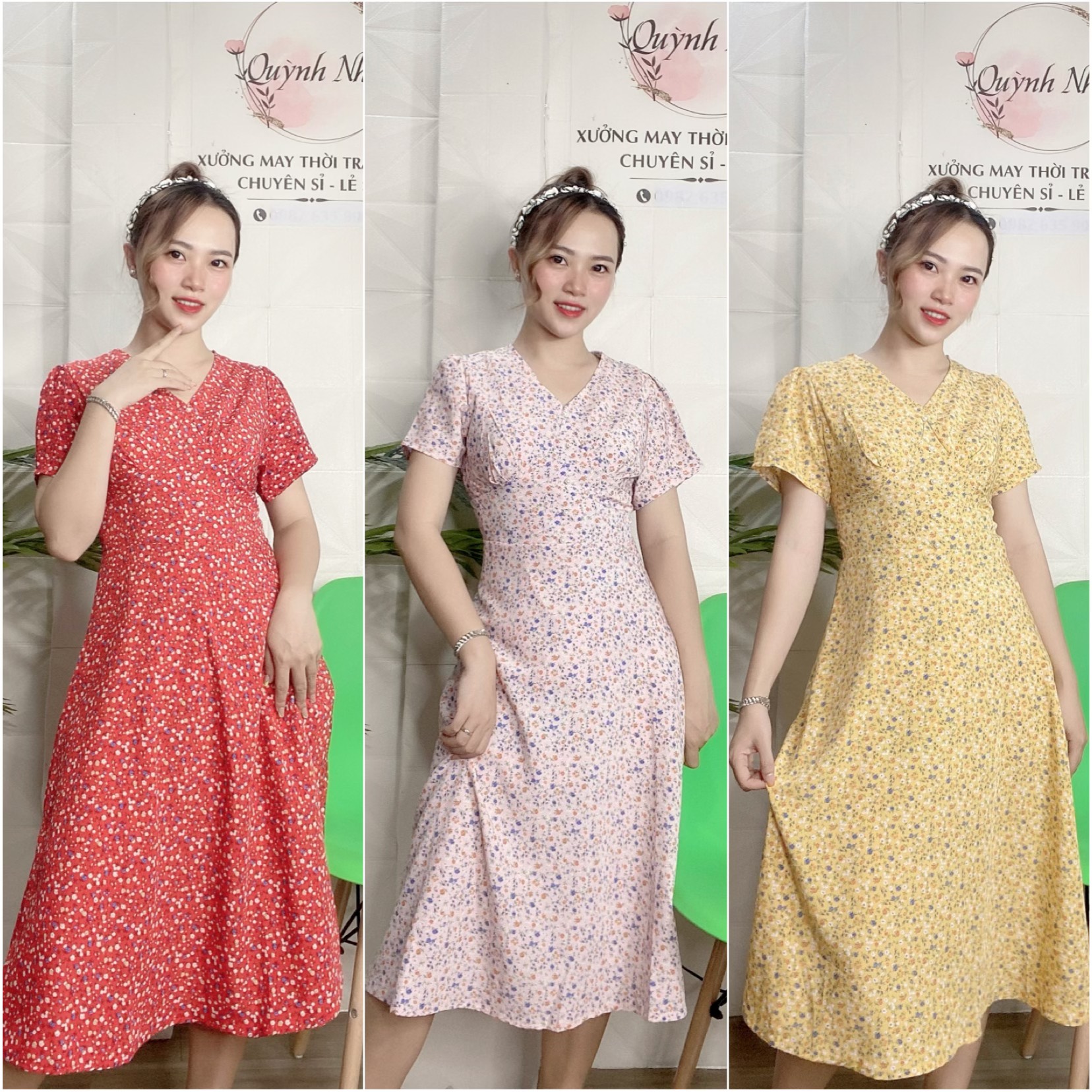 Đầm hoa nhí tay búp cổ v dáng xòe, phối cườm có size - mt21
