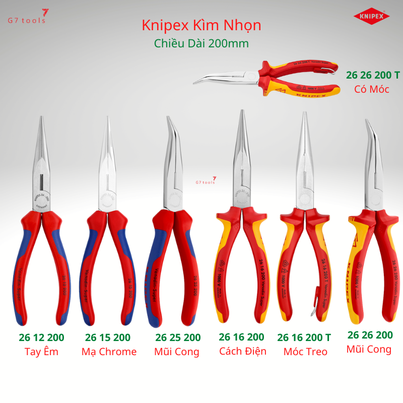 Kìm nhọn knipex có lưỡi cắt cứng 61 hrc, mũi kẹp đàn hồi cao chiều dài 200mm mã 26 12 200/ 26 15 200/ 26 16 200/ 26 25 200/ 26 26 200/ 26 16 200 t/ 26 26 200 t/ 26 17 200/ 26 27 200
