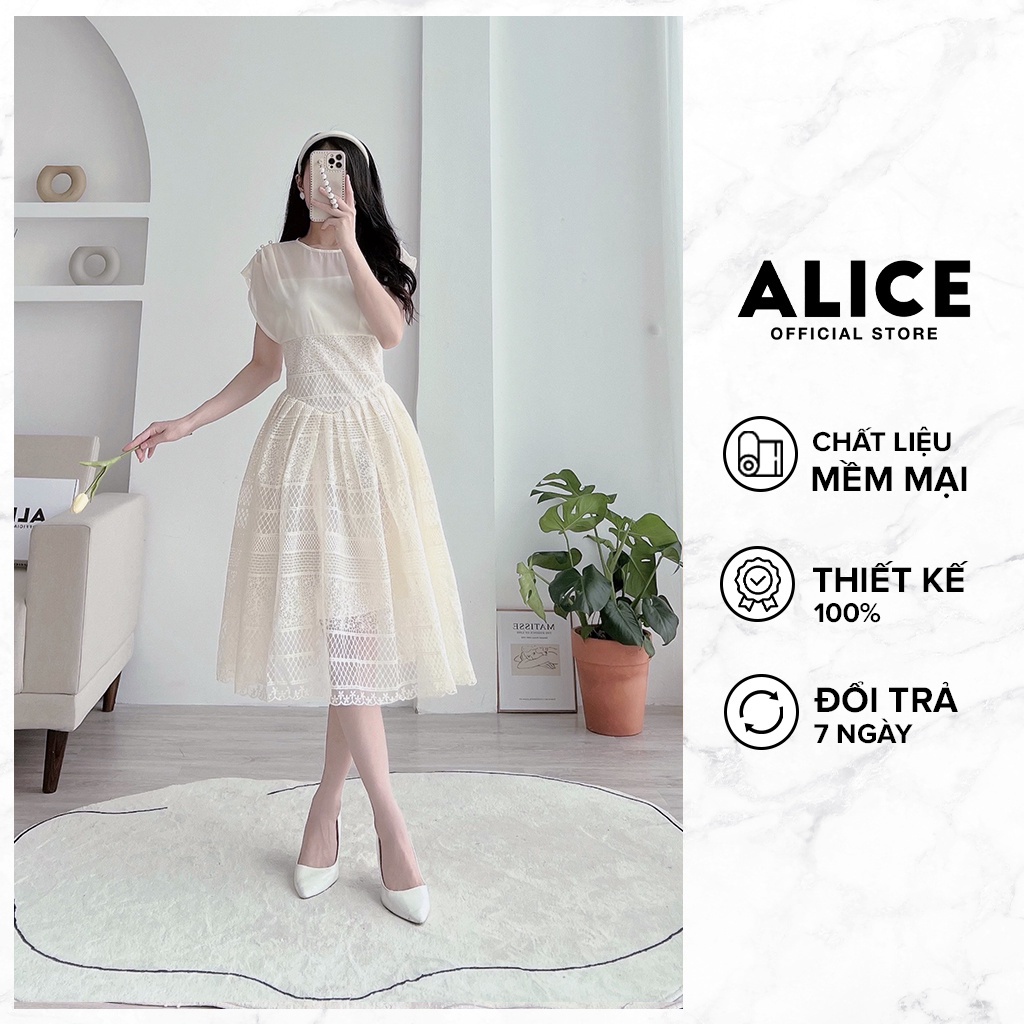 Váy ren dự tiệc alice chất vải ren cao cấp, thiết kế cổ thuyền đính ngọc phối tơ nhũ v829