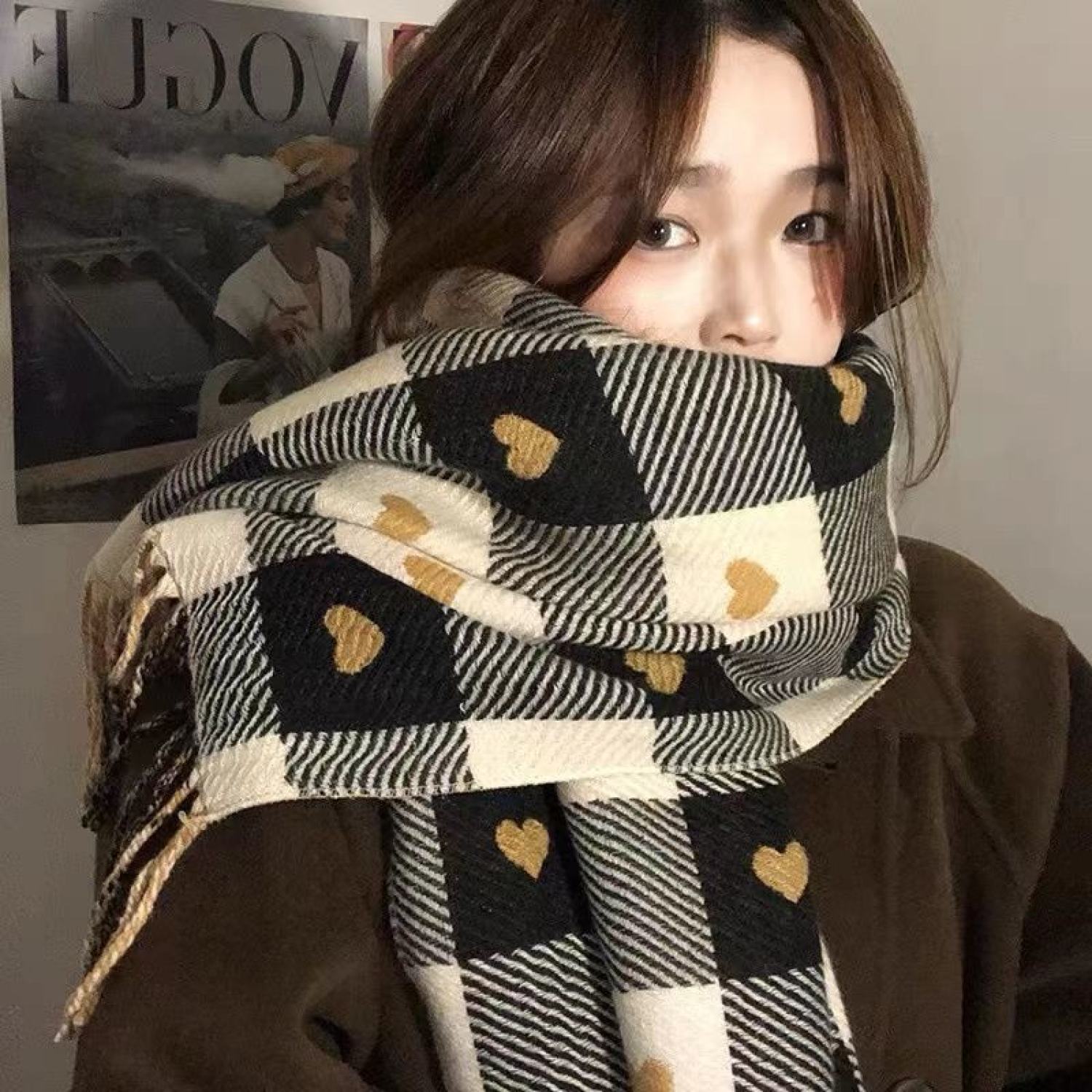 Khăn quàng cổ,khăn choàng nữ kẻ sọc trái tim ấm áp mùa đông,khăn cashmere len - kcc046