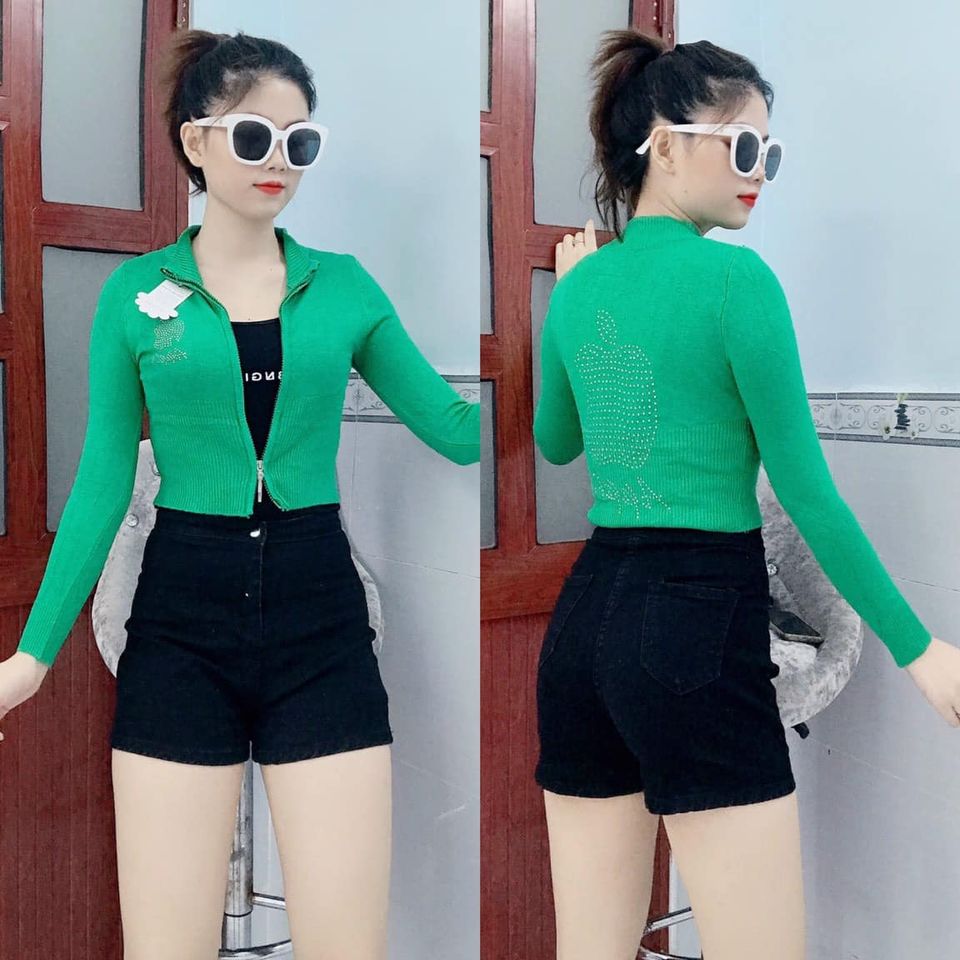 Áo khoác len croptop dây kéo đôi đính hạt sau lưng