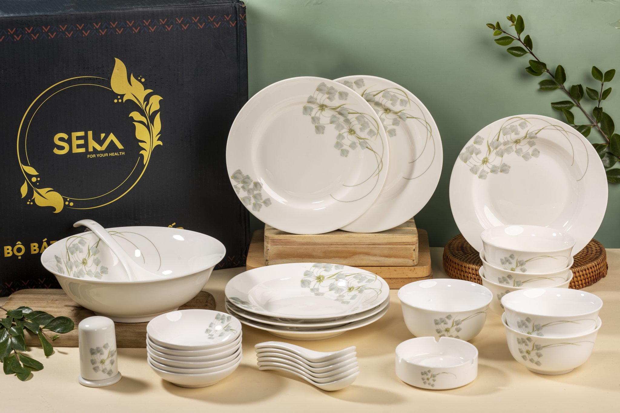 Bộ đồ ăn gốm sứ cao cấp 28 món :bát, đĩa, tô, chén gốm sứ